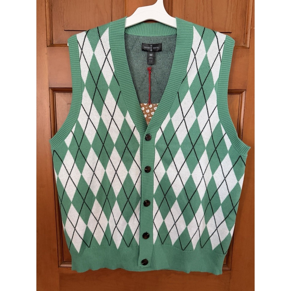 Men's Houston White Argyle Green Sweater Vest Size Medium NWT 100% Cotton